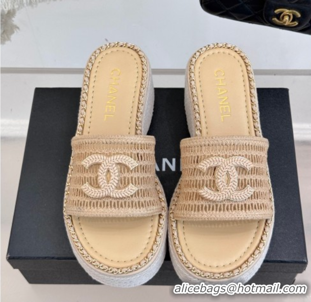 Durable Chanel Crochet Wedge Slides Sandal with Chain Beige2 2025 CH061004