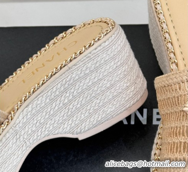 Durable Chanel Crochet Wedge Slides Sandal with Chain Beige2 2025 CH061004