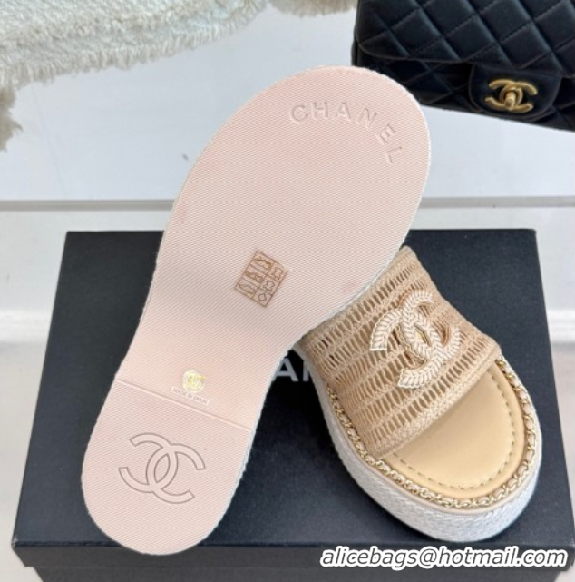Durable Chanel Crochet Wedge Slides Sandal with Chain Beige2 2025 CH061004