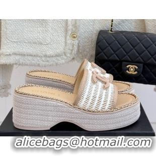 Best Grade Chanel Crochet Wedge Slides Sandal with Chain Beige/White 2025 CH061004