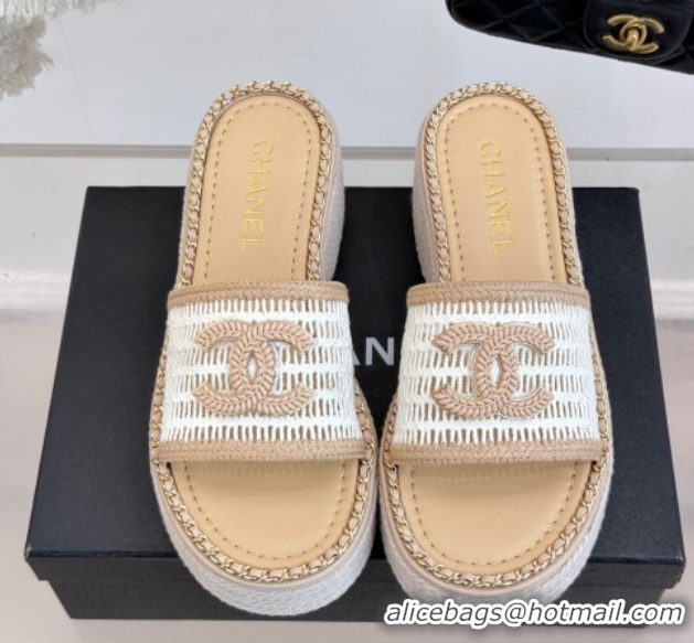 Best Grade Chanel Crochet Wedge Slides Sandal with Chain Beige/White 2025 CH061004