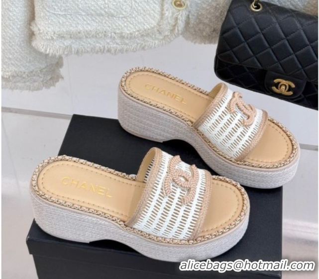 Best Grade Chanel Crochet Wedge Slides Sandal with Chain Beige/White 2025 CH061004