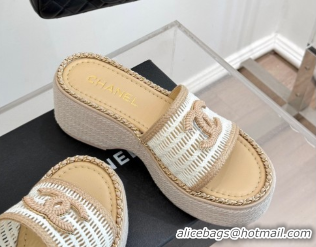Best Grade Chanel Crochet Wedge Slides Sandal with Chain Beige/White 2025 CH061004