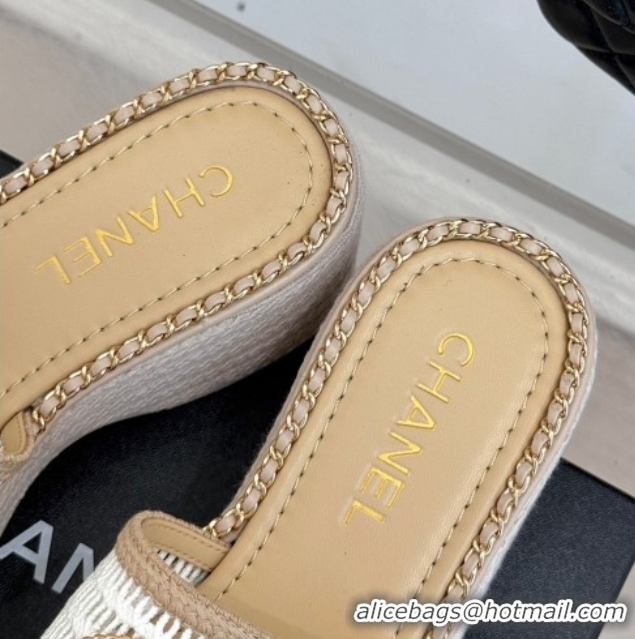 Best Grade Chanel Crochet Wedge Slides Sandal with Chain Beige/White 2025 CH061004