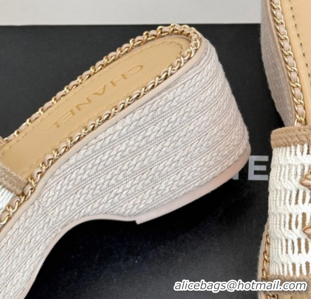 Best Grade Chanel Crochet Wedge Slides Sandal with Chain Beige/White 2025 CH061004