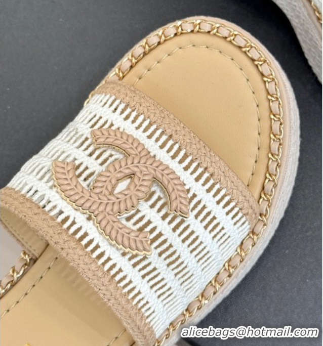 Best Grade Chanel Crochet Wedge Slides Sandal with Chain Beige/White 2025 CH061004