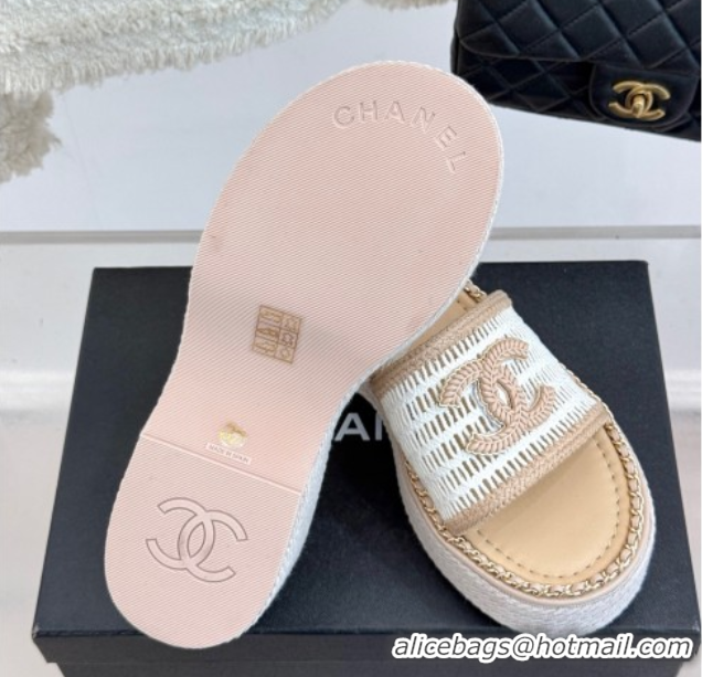 Best Grade Chanel Crochet Wedge Slides Sandal with Chain Beige/White 2025 CH061004