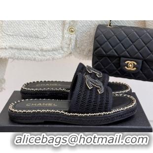 Good Product Chanel Crochet Flat Slides Sandal with Chain Black 2025 CH061004