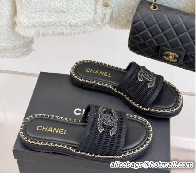 Good Product Chanel Crochet Flat Slides Sandal with Chain Black 2025 CH061004