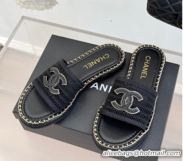 Good Product Chanel Crochet Flat Slides Sandal with Chain Black 2025 CH061004