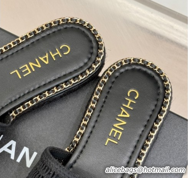 Good Product Chanel Crochet Flat Slides Sandal with Chain Black 2025 CH061004