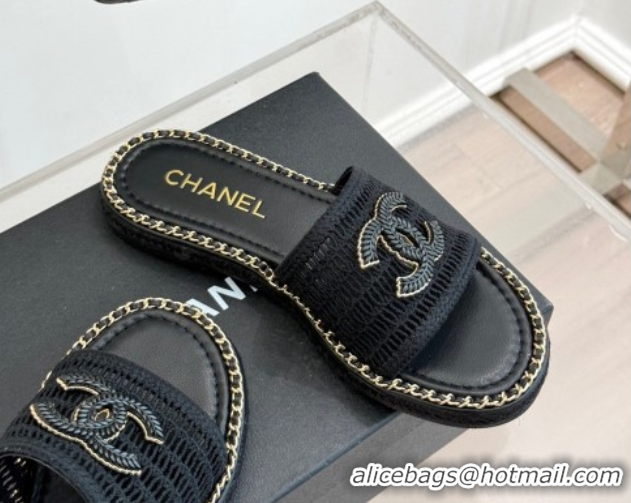 Good Product Chanel Crochet Flat Slides Sandal with Chain Black 2025 CH061004
