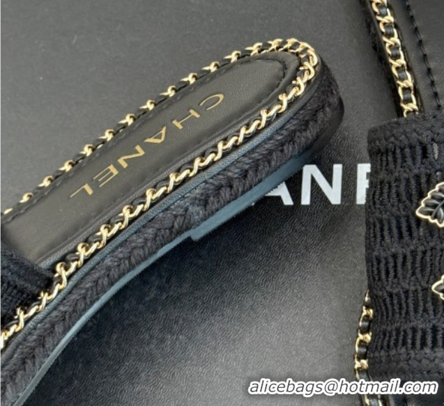 Good Product Chanel Crochet Flat Slides Sandal with Chain Black 2025 CH061004