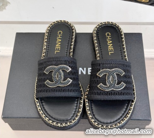 Good Product Chanel Crochet Flat Slides Sandal with Chain Black 2025 CH061004