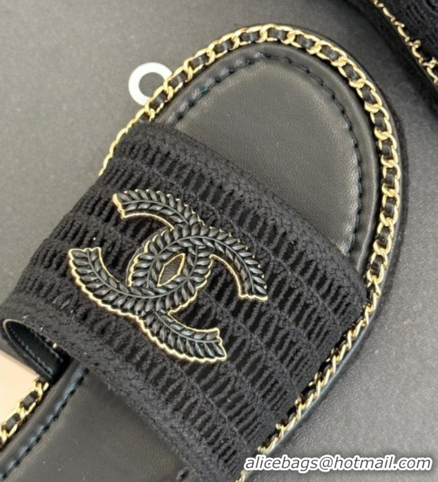 Good Product Chanel Crochet Flat Slides Sandal with Chain Black 2025 CH061004