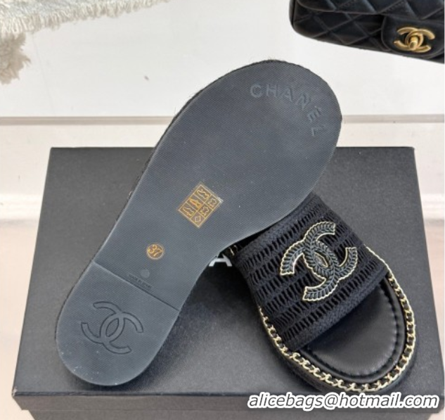 Good Product Chanel Crochet Flat Slides Sandal with Chain Black 2025 CH061004