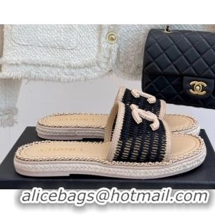 Popular Style Chanel Crochet Flat Slides Sandal with Chain Beige/Black 2025 CH061004 0610017