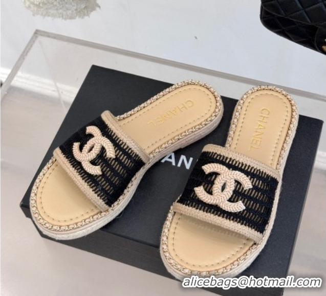 Popular Style Chanel Crochet Flat Slides Sandal with Chain Beige/Black 2025 CH061004 0610017