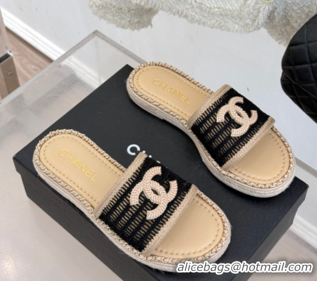 Popular Style Chanel Crochet Flat Slides Sandal with Chain Beige/Black 2025 CH061004 0610017
