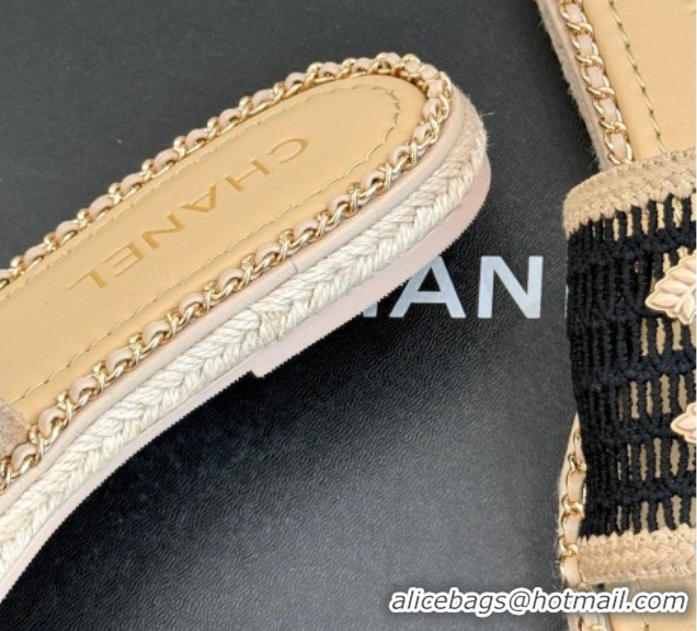Popular Style Chanel Crochet Flat Slides Sandal with Chain Beige/Black 2025 CH061004 0610017