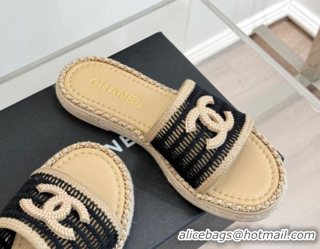 Popular Style Chanel Crochet Flat Slides Sandal with Chain Beige/Black 2025 CH061004 0610017