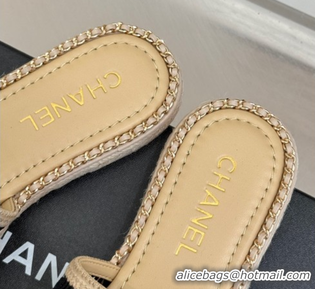 Popular Style Chanel Crochet Flat Slides Sandal with Chain Beige/Black 2025 CH061004 0610017