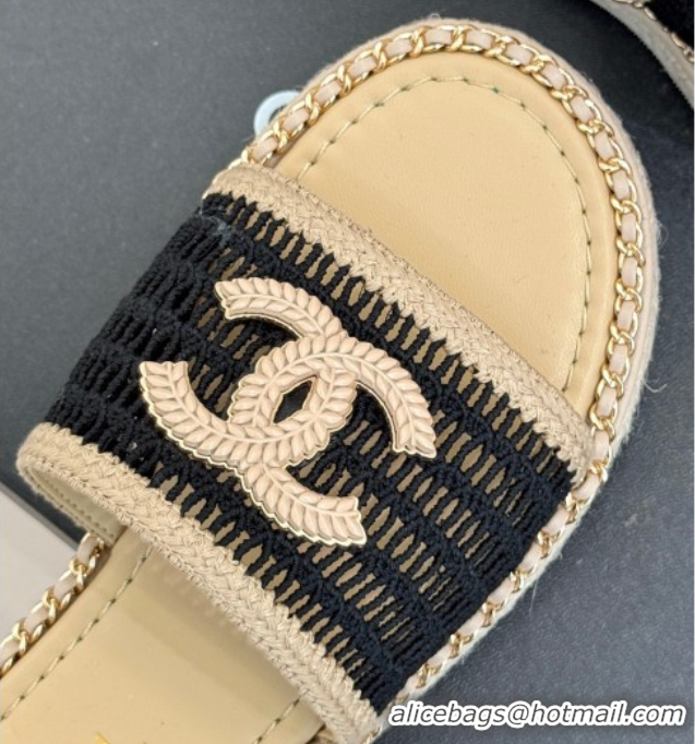 Popular Style Chanel Crochet Flat Slides Sandal with Chain Beige/Black 2025 CH061004 0610017