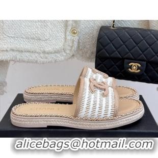 Charming Chanel Crochet Flat Slides Sandal with Chain Beige/White 2025 CH061004