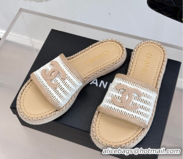 Charming Chanel Crochet Flat Slides Sandal with Chain Beige/White 2025 CH061004