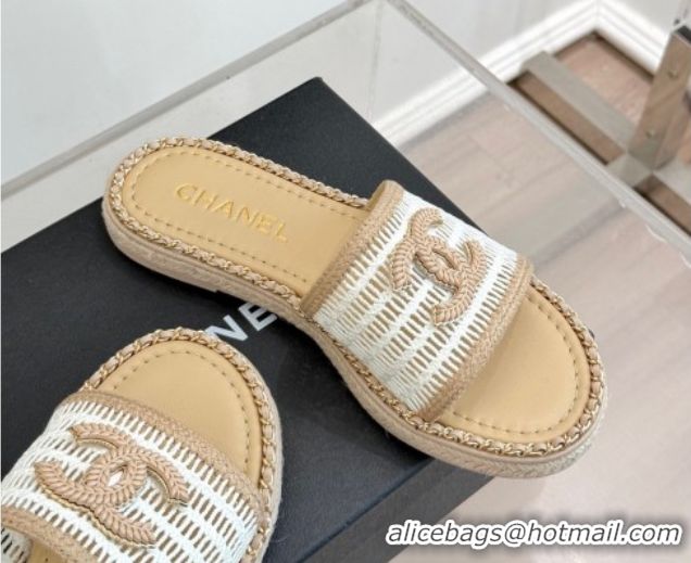 Charming Chanel Crochet Flat Slides Sandal with Chain Beige/White 2025 CH061004