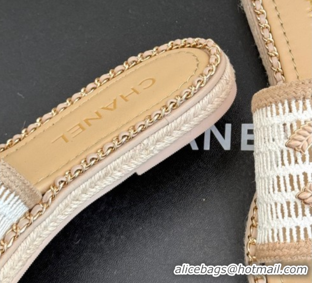 Charming Chanel Crochet Flat Slides Sandal with Chain Beige/White 2025 CH061004