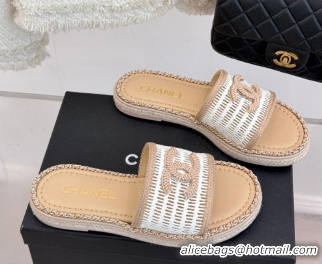 Charming Chanel Crochet Flat Slides Sandal with Chain Beige/White 2025 CH061004