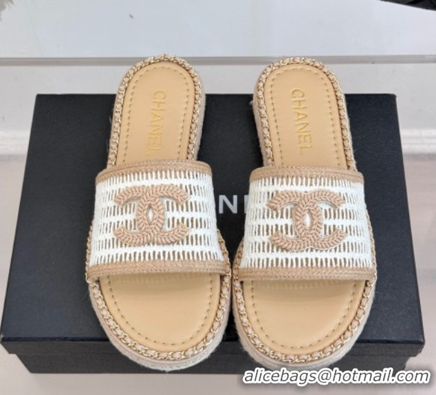 Charming Chanel Crochet Flat Slides Sandal with Chain Beige/White 2025 CH061004
