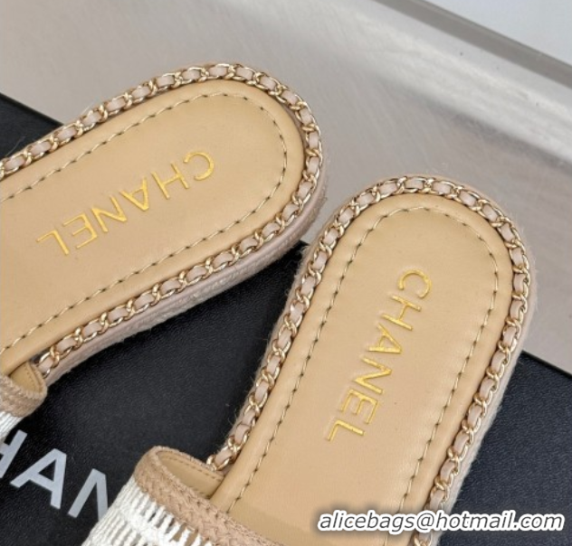 Charming Chanel Crochet Flat Slides Sandal with Chain Beige/White 2025 CH061004