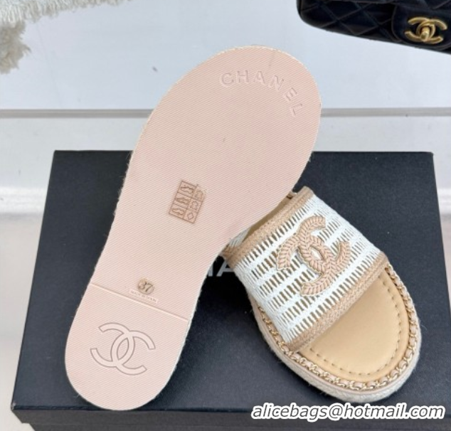 Charming Chanel Crochet Flat Slides Sandal with Chain Beige/White 2025 CH061004