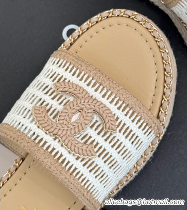 Charming Chanel Crochet Flat Slides Sandal with Chain Beige/White 2025 CH061004