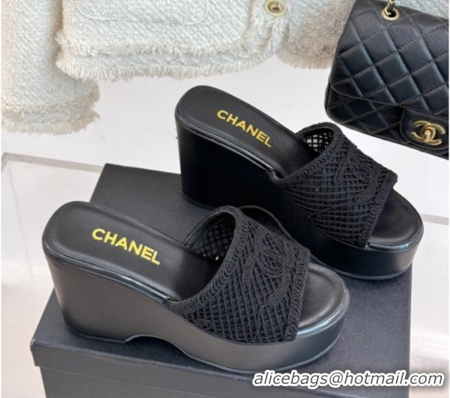 Low Price Chanel Crochet Mesh Wedge Slides Sandal Black 2025 CH06100