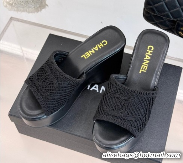 Low Price Chanel Crochet Mesh Wedge Slides Sandal Black 2025 CH06100