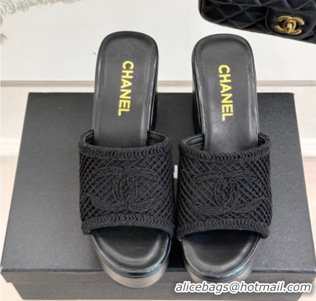 Low Price Chanel Crochet Mesh Wedge Slides Sandal Black 2025 CH06100