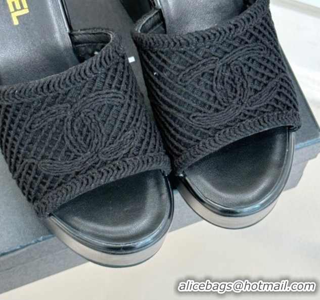 Low Price Chanel Crochet Mesh Wedge Slides Sandal Black 2025 CH06100