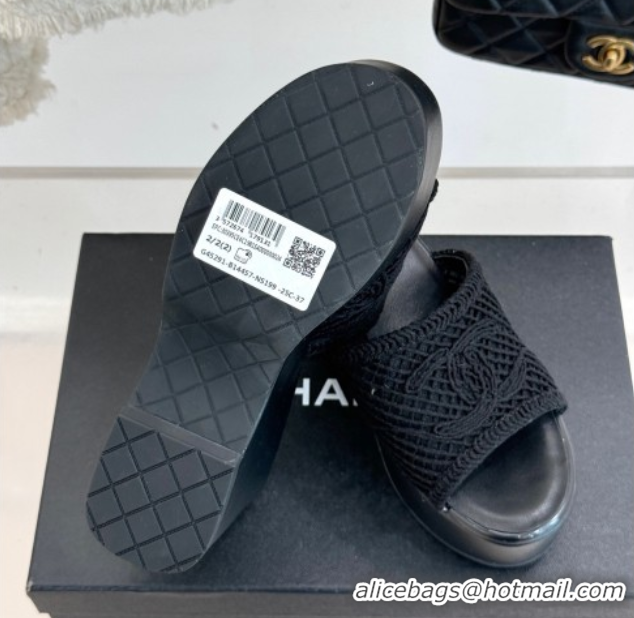Low Price Chanel Crochet Mesh Wedge Slides Sandal Black 2025 CH06100