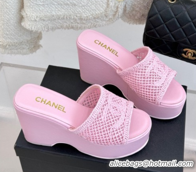 Cheap Price Chanel Crochet Mesh Wedge Slides Sandal Pink/Purple 2025 CH061005