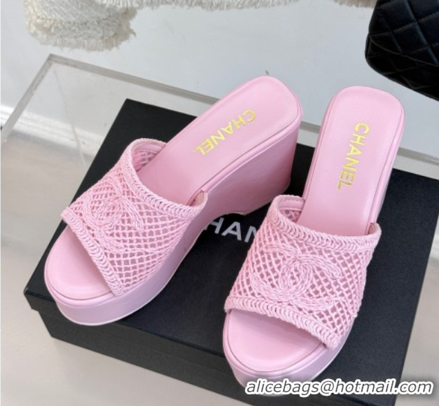 Cheap Price Chanel Crochet Mesh Wedge Slides Sandal Pink/Purple 2025 CH061005