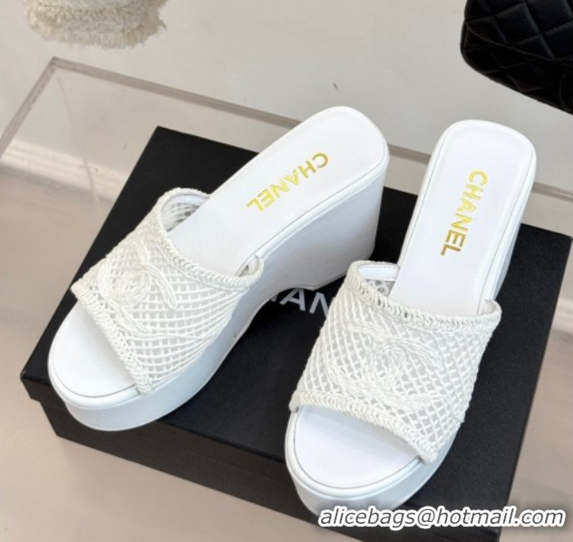 Low Cost Chanel Crochet Mesh Wedge Slides Sandal White 2025 CH061005