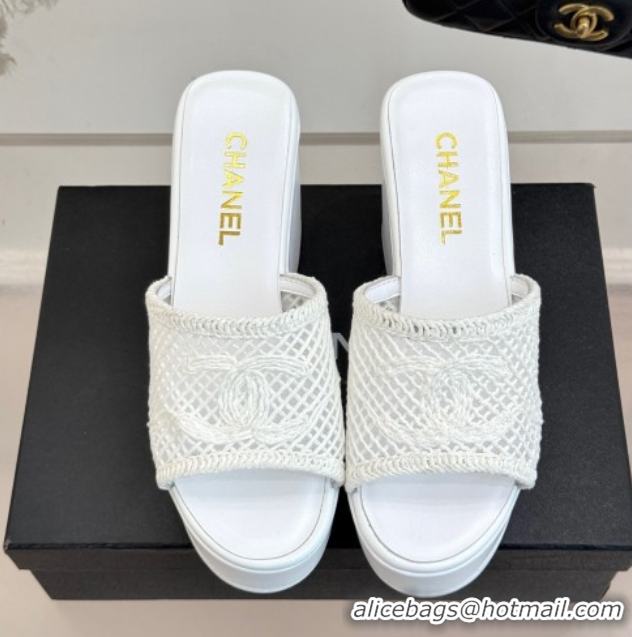 Low Cost Chanel Crochet Mesh Wedge Slides Sandal White 2025 CH061005