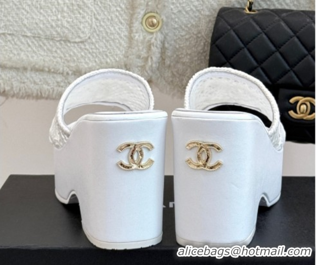 Low Cost Chanel Crochet Mesh Wedge Slides Sandal White 2025 CH061005