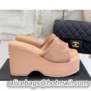 Big Discount Chanel Crochet Mesh Wedge Slides Sandal Rose Beige 2025 CH061005