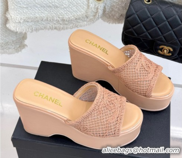 Big Discount Chanel Crochet Mesh Wedge Slides Sandal Rose Beige 2025 CH061005