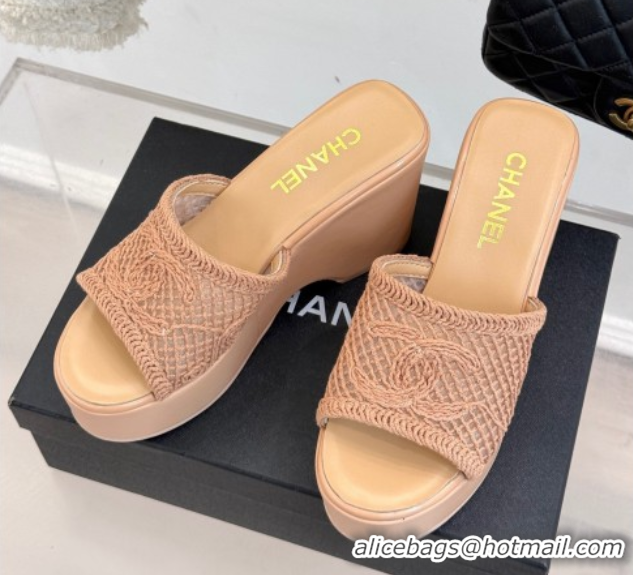 Big Discount Chanel Crochet Mesh Wedge Slides Sandal Rose Beige 2025 CH061005