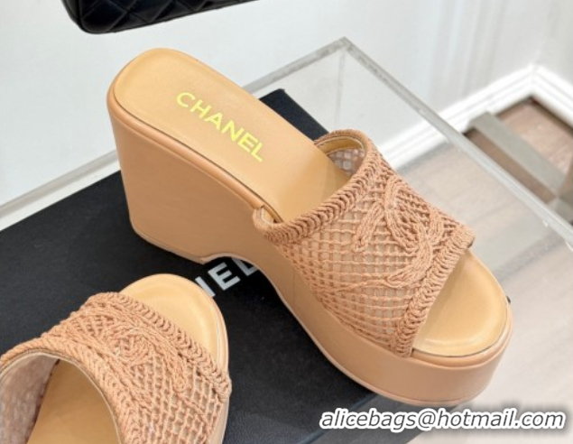 Big Discount Chanel Crochet Mesh Wedge Slides Sandal Rose Beige 2025 CH061005